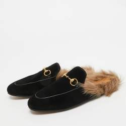 Gucci Black Velvet and Fur Lined Princetown Flat Mules Size 36.5