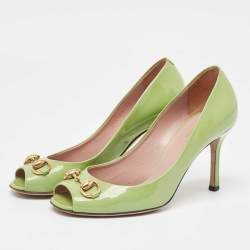 Gucci Green Patent Horsebit Peep Toe Pumps Size 36