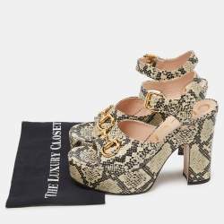 Gucci Beige/Black Python Embossed Leather Horsebit Platform Ankle Strap Sandals 40