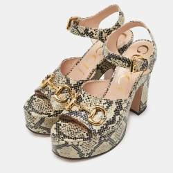Gucci Beige/Black Python Embossed Leather Horsebit Platform Ankle Strap Sandals 40