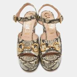 Gucci Beige/Black Python Embossed Leather Horsebit Platform Ankle Strap Sandals 40