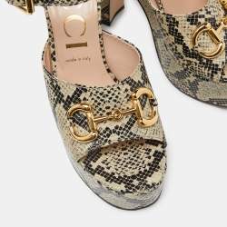 Gucci Beige/Black Python Embossed Leather Horsebit Platform Ankle Strap Sandals 40