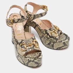 Gucci Beige/Black Python Embossed Leather Horsebit Platform Ankle Strap Sandals 40