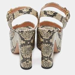 Gucci Beige/Black Python Embossed Leather Horsebit Platform Ankle Strap Sandals 40