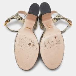Gucci Beige/Black Python Embossed Leather Horsebit Platform Ankle Strap Sandals 40