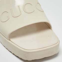 Pre Owned Gucci White Rubber Embossed Logo Block Heel Slide Sandals Size 40