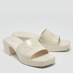 Pre Owned Gucci White Rubber Embossed Logo Block Heel Slide Sandals Size 40