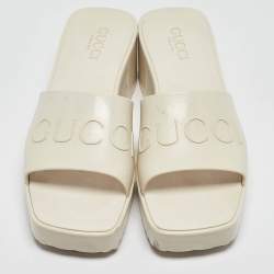 Pre Owned Gucci White Rubber Embossed Logo Block Heel Slide Sandals Size 40