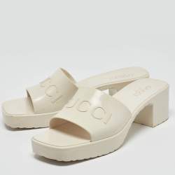 Pre Owned Gucci White Rubber Embossed Logo Block Heel Slide Sandals Size 40