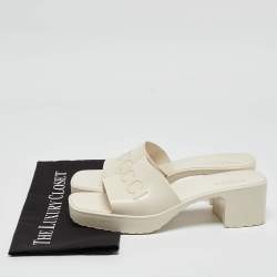 Pre Owned Gucci White Rubber Embossed Logo Block Heel Slide Sandals Size 40
