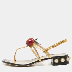 Pre Owned Gucci Gold Leather Hatsumomo Cherry Thong Sandals Size 37.5