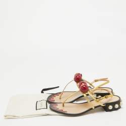 Pre Owned Gucci Gold Leather Hatsumomo Cherry Thong Sandals Size 37.5