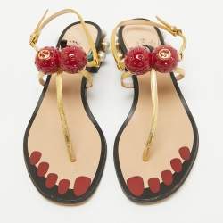 Pre Owned Gucci Gold Leather Hatsumomo Cherry Thong Sandals Size 37.5