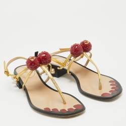 Pre Owned Gucci Gold Leather Hatsumomo Cherry Thong Sandals Size 37.5