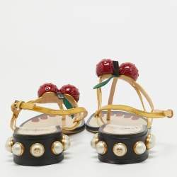 Pre Owned Gucci Gold Leather Hatsumomo Cherry Thong Sandals Size 37.5