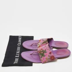 Pre Owned Gucci Purple Floral Canvas and Leather Thong Slide Flats Size 39.5