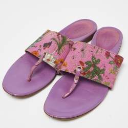 Pre Owned Gucci Purple Floral Canvas and Leather Thong Slide Flats Size 39.5