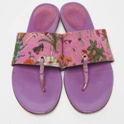 Pre Owned Gucci Purple Floral Canvas and Leather Thong Slide Flats Size 39.5