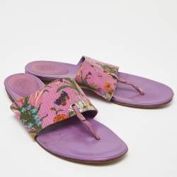 Pre Owned Gucci Purple Floral Canvas and Leather Thong Slide Flats Size 39.5