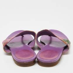 Pre Owned Gucci Purple Floral Canvas and Leather Thong Slide Flats Size 39.5