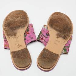 Pre Owned Gucci Purple Floral Canvas and Leather Thong Slide Flats Size 39.5