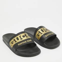 Gucci Black/Gold Leather Dapper Dan Pool Slides Size 39