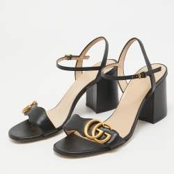 Pre Owned Gucci Black Leather GG Marmont Ankle Strap Sandals Size 36