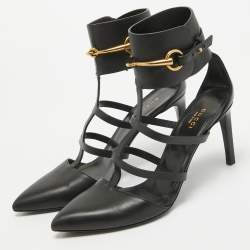 Pre Owned Gucci Black Leather T-Bar Horsebit Ankle Cuff Pumps Size 39.5