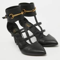 Pre Owned Gucci Black Leather T-Bar Horsebit Ankle Cuff Pumps Size 39.5