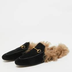 Gucci Black Velvet Fur Lined Princetown Flat Mules Size 38