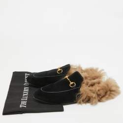 Gucci Black Velvet Fur Lined Princetown Flat Mules Size 38