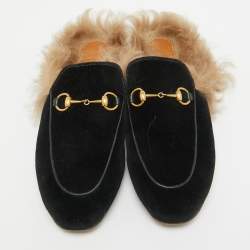 Gucci Black Velvet Fur Lined Princetown Flat Mules Size 38