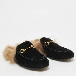 Gucci Black Velvet Fur Lined Princetown Flat Mules Size 38