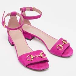 Gucci Pink Suede Horsebit Ankle Strap Sandals Size 36