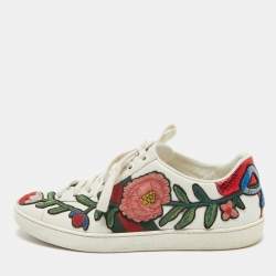 Pre Owned Gucci White Floral Embroidered Leather Ace Low Top Sneakers Size 37