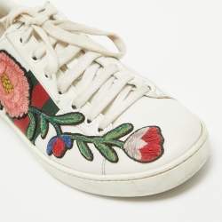 Pre Owned Gucci White Floral Embroidered Leather Ace Low Top Sneakers Size 37