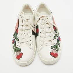 Pre Owned Gucci White Floral Embroidered Leather Ace Low Top Sneakers Size 37