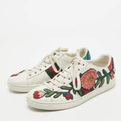 Pre Owned Gucci White Floral Embroidered Leather Ace Low Top Sneakers Size 37