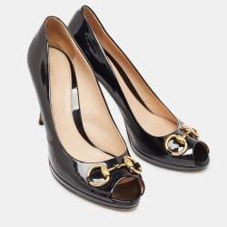 Gucci Black Patent Leather Horsebit  Peep Toe Pumps Size 41