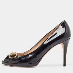 Gucci Black Patent Leather Horsebit  Peep Toe Pumps Size 41