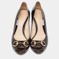 Gucci Black Patent Leather Horsebit  Peep Toe Pumps Size 41