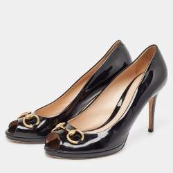 Gucci Black Patent Leather Horsebit  Peep Toe Pumps Size 41