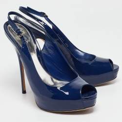 Gucci Blue Patent Sofia Peep Toe Slingback Pumps Size 40.5