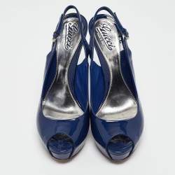 Gucci Blue Patent Sofia Peep Toe Slingback Pumps Size 40.5