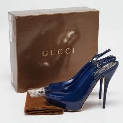 Gucci Blue Patent Sofia Peep Toe Slingback Pumps Size 40.5