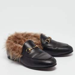 Gucci Black Leather Fur Lined Jordaan Loafers Size 38