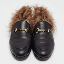 Gucci Black Leather Fur Lined Jordaan Loafers Size 38