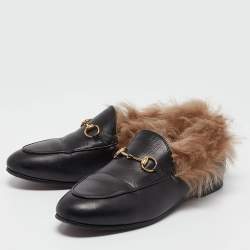 Gucci Black Leather Fur Lined Jordaan Loafers Size 38