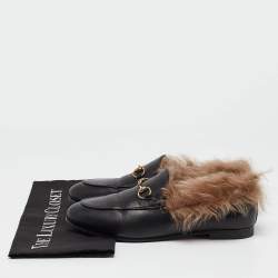 Gucci Black Leather Fur Lined Jordaan Loafers Size 38