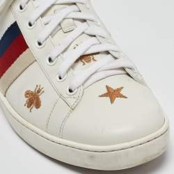 Pre Owned Gucci White Leather Star and Bee Embroidered Ace Sneakers Size 39.5